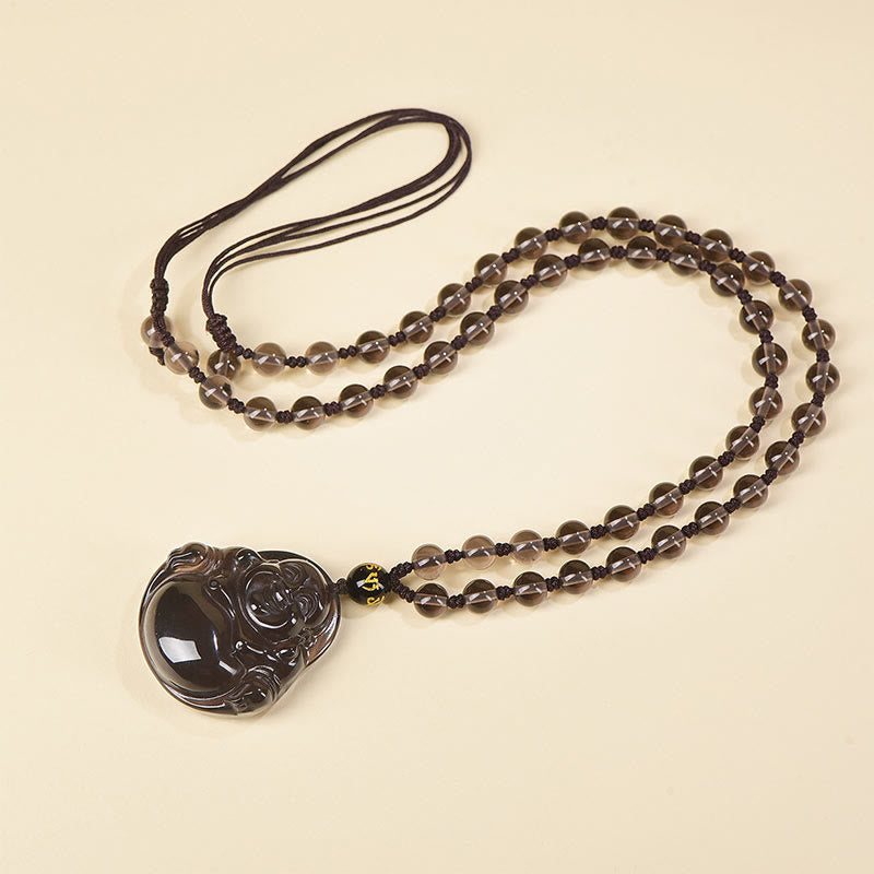 Wear FengShui Natural Black Obsidian Ice Obsidian Laughing Buddha Purification Necklace Pendant