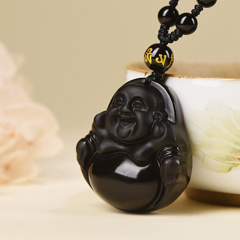 Wear FengShui Natural Black Obsidian Ice Obsidian Laughing Buddha Purification Necklace Pendant