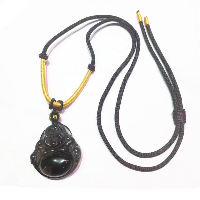 Wear FengShui Natural Black Obsidian Ice Obsidian Laughing Buddha Purification Necklace Pendant