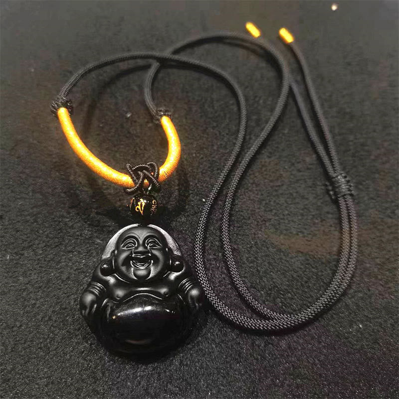 Wear FengShui Natural Black Obsidian Ice Obsidian Laughing Buddha Purification Necklace Pendant