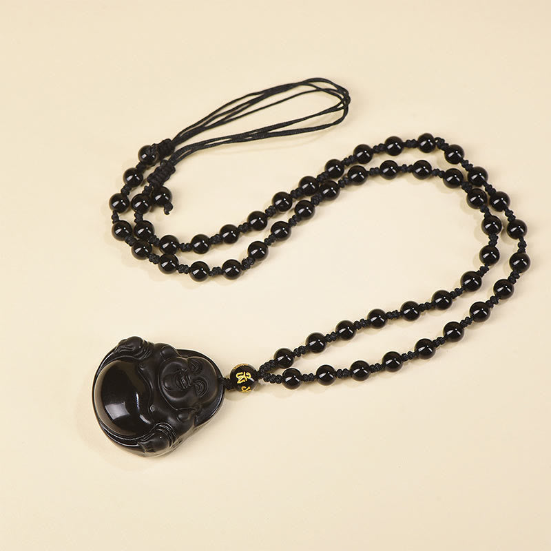 Wear FengShui Natural Black Obsidian Ice Obsidian Laughing Buddha Purification Necklace Pendant