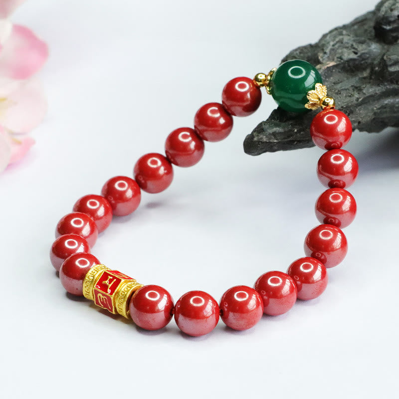 Wear FengShui Natural Cinnabar Green Agate Om Mani Padme Hum Pattern Blessing Bracelet