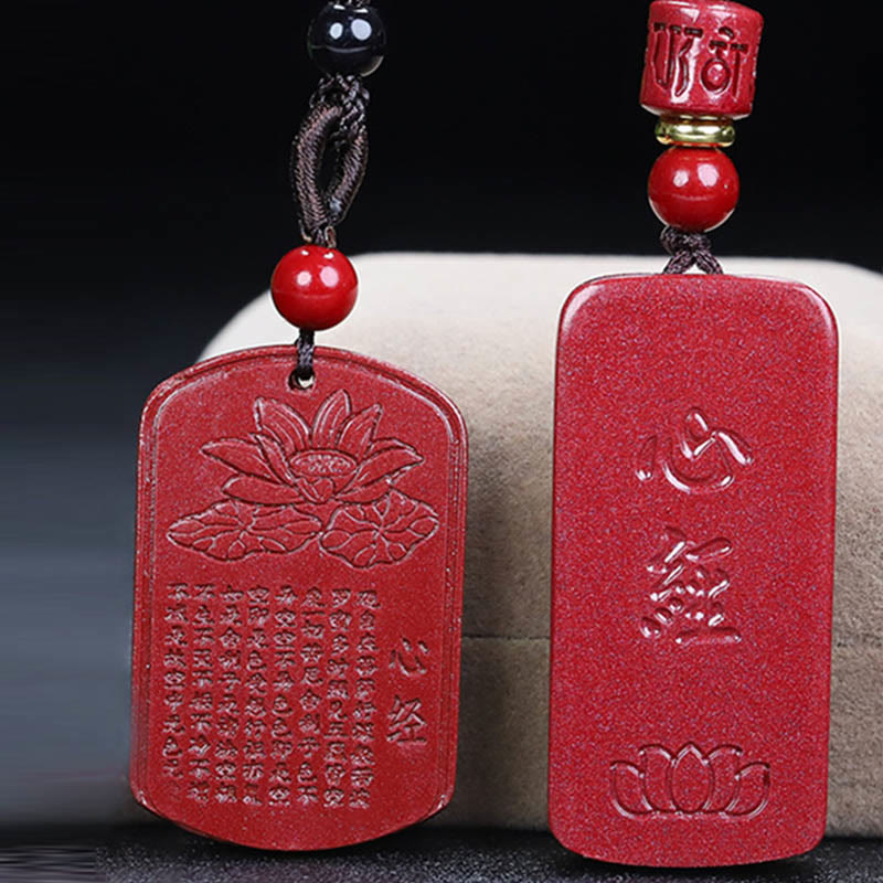 Wear FengShui Cinnabar Lotus Heart Sutra Engraved Blessing Rope Necklace Pendant