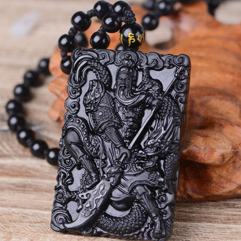 Wear FengShui Black Obsidian Guan Gong Amulet Engraved Strength Necklace Pendant
