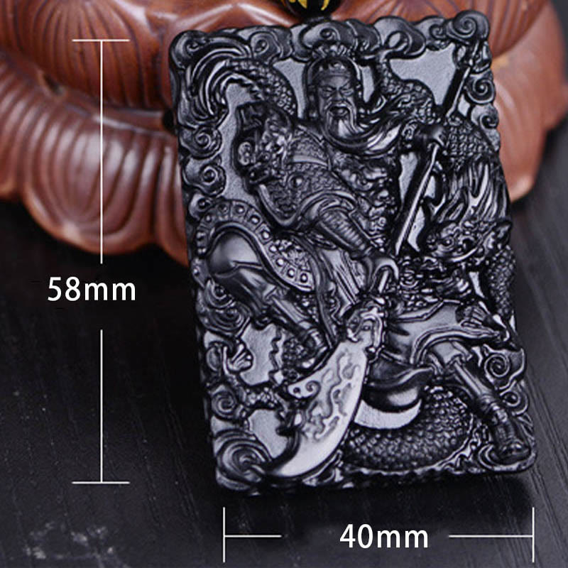 Wear FengShui Black Obsidian Guan Gong Amulet Engraved Strength Necklace Pendant