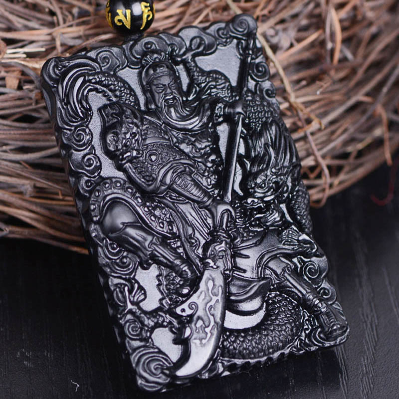 Wear FengShui Black Obsidian Guan Gong Amulet Engraved Strength Necklace Pendant