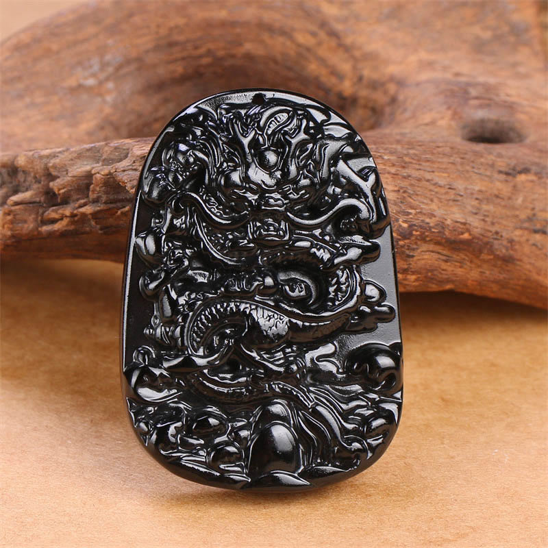 Wear FengShui Black Obsidian Dragon Carved Luck Protection Necklace Pendant