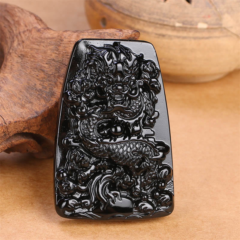 Wear FengShui Black Obsidian Dragon Carved Luck Protection Necklace Pendant