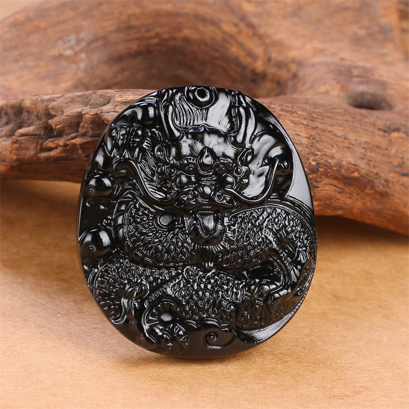 Wear FengShui Natural Black Obsidian Round Dragon Carved Protection Necklace Pendant