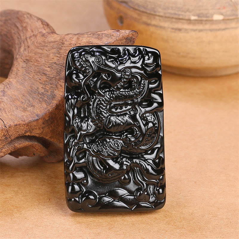 Wear FengShui Natural Black Obsidian Rectangular Dragon Engraved Success Necklace Pendant