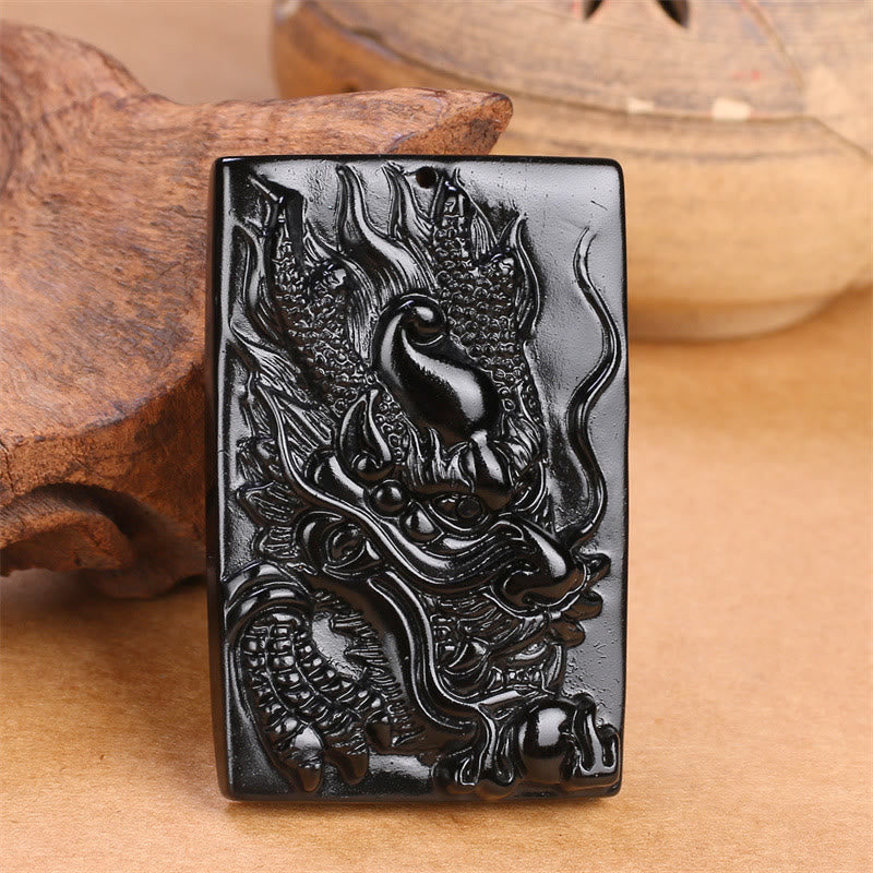 Wear FengShui Natural Black Obsidian Rectangular Dragon Engraved Success Necklace Pendant
