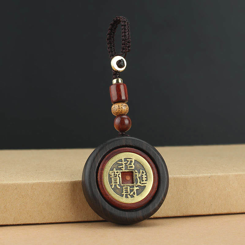 Wear FengShui Copper Coin Attract Wealth Ebony Wood Red Sandalwood Luck Key Chain Decoration