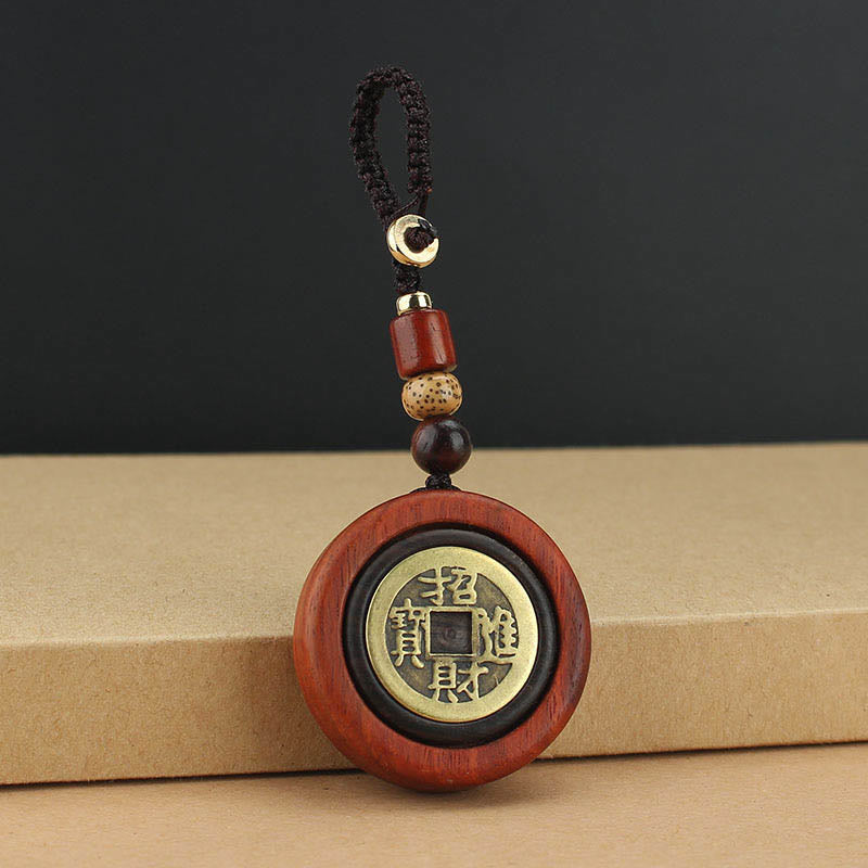 Wear FengShui Copper Coin Attract Wealth Ebony Wood Red Sandalwood Luck Key Chain Decoration