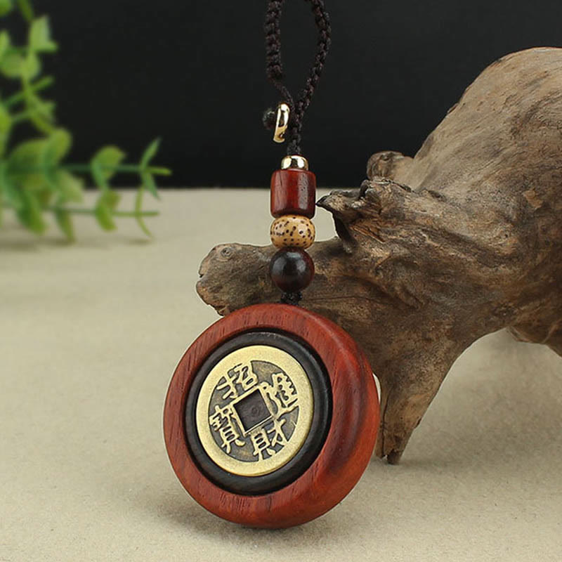 Wear FengShui Copper Coin Attract Wealth Ebony Wood Red Sandalwood Luck Key Chain Decoration