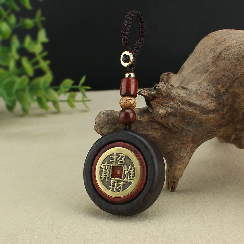 Wear FengShui Copper Coin Attract Wealth Ebony Wood Red Sandalwood Luck Key Chain Decoration