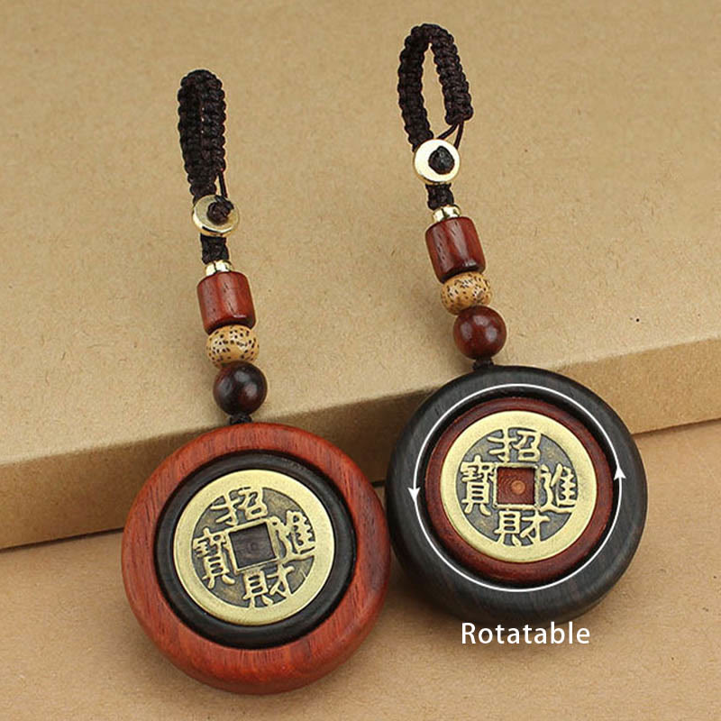 Wear FengShui Copper Coin Attract Wealth Ebony Wood Red Sandalwood Luck Key Chain Decoration