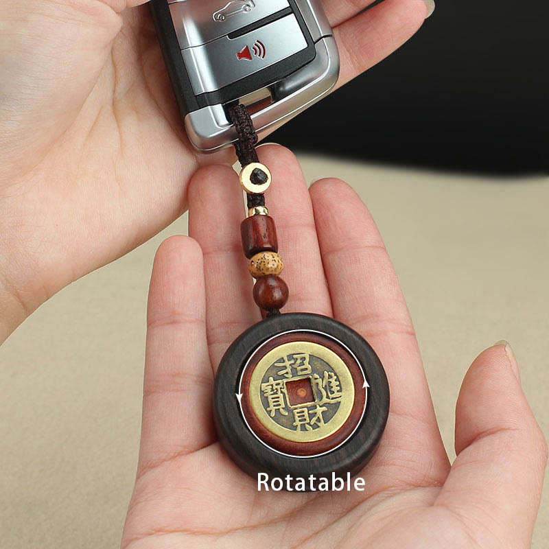 Wear FengShui Copper Coin Attract Wealth Ebony Wood Red Sandalwood Luck Key Chain Decoration