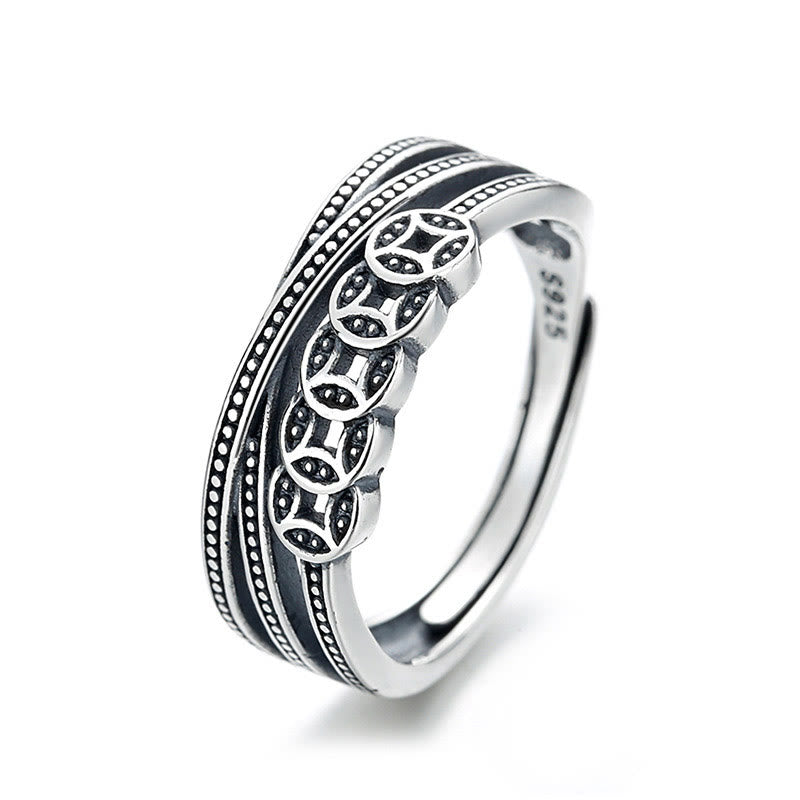 Wear FengShui 925 Sterling Silver Copper Coins Wealth Blessing Adjustable Ring
