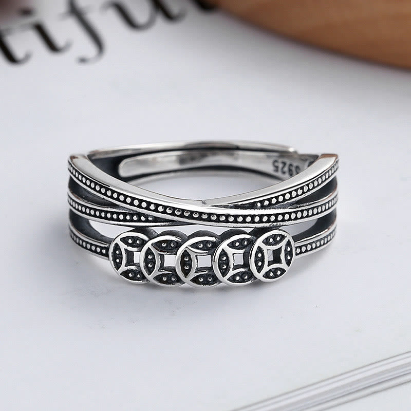 Wear FengShui 925 Sterling Silver Copper Coins Wealth Blessing Adjustable Ring