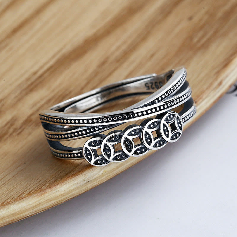 Wear FengShui 925 Sterling Silver Copper Coins Wealth Blessing Adjustable Ring