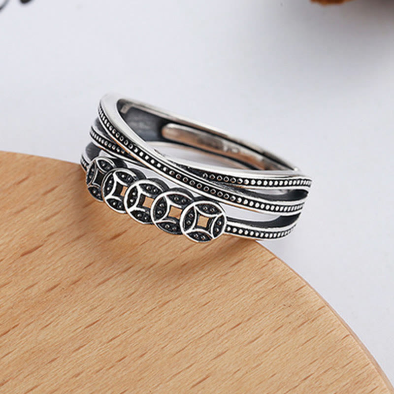 Wear FengShui 925 Sterling Silver Copper Coins Wealth Blessing Adjustable Ring