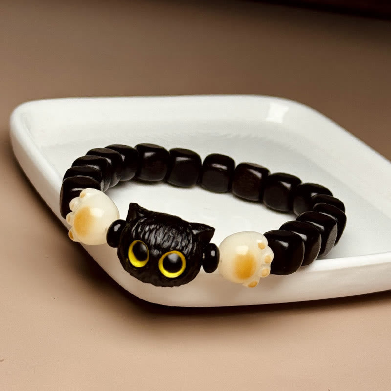 Wear FengShui Ebony Wood Cute Cat Bodhi Seed Paw Claw Peace Bracelet