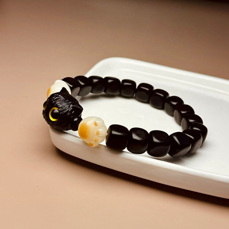 Wear FengShui Ebony Wood Cute Cat Bodhi Seed Paw Claw Peace Bracelet