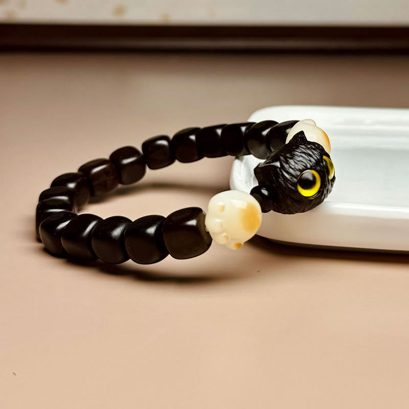 Wear FengShui Ebony Wood Cute Cat Bodhi Seed Paw Claw Peace Bracelet