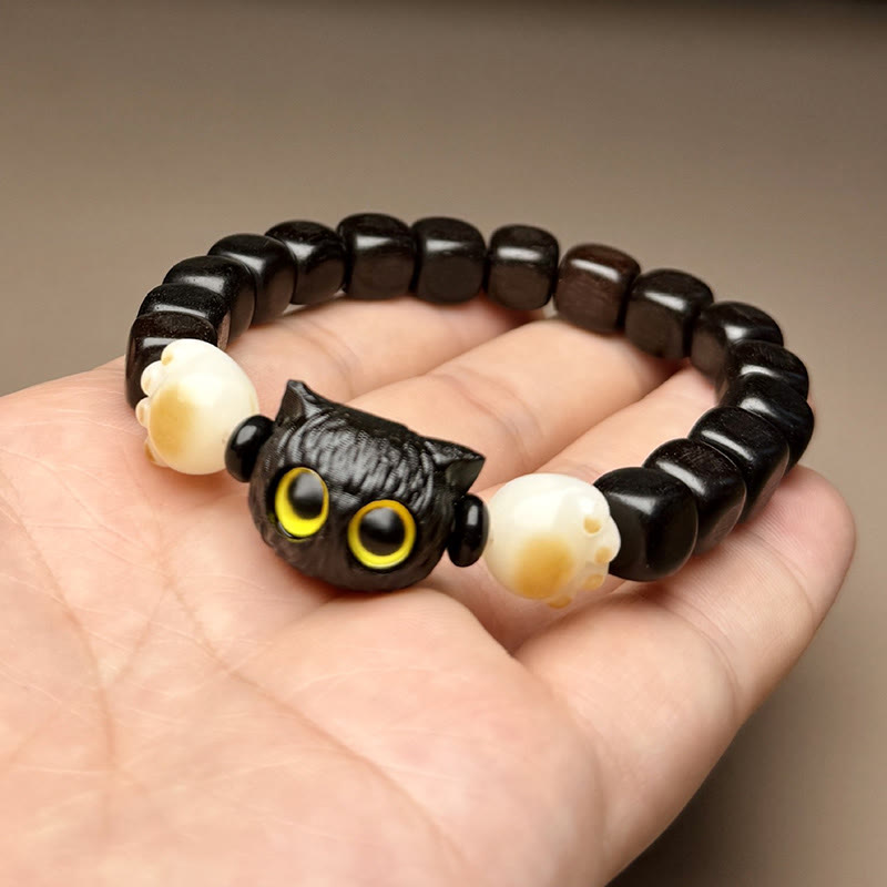 Wear FengShui Ebony Wood Cute Cat Bodhi Seed Paw Claw Peace Bracelet