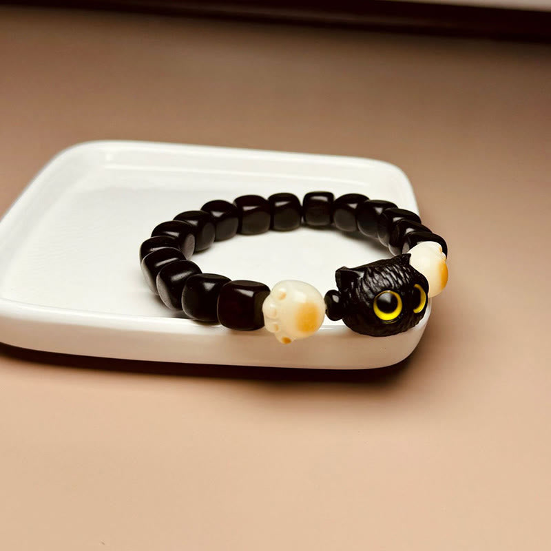 Wear FengShui Ebony Wood Cute Cat Bodhi Seed Paw Claw Peace Bracelet