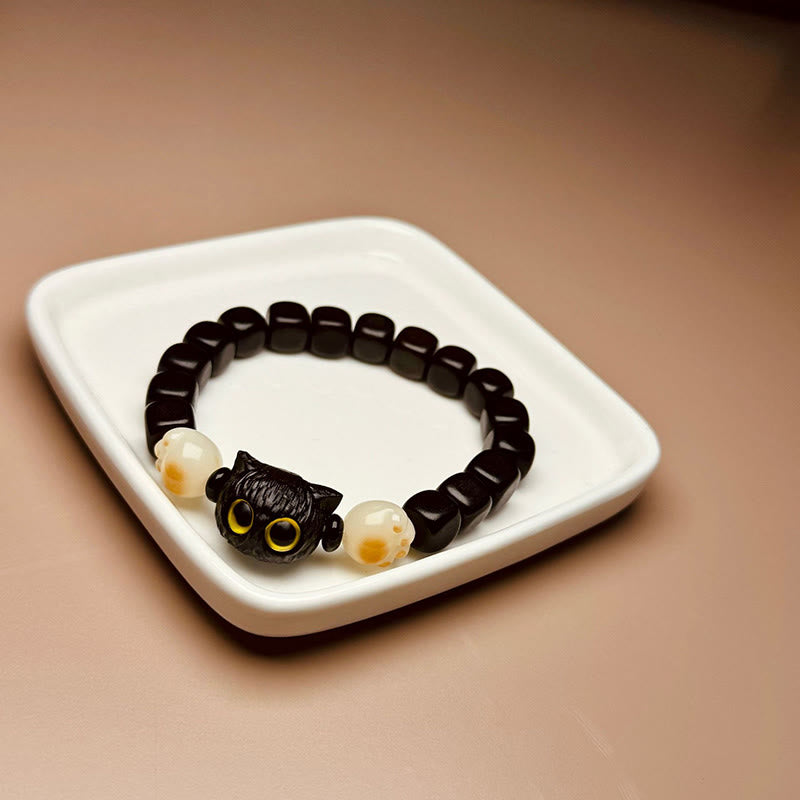 Wear FengShui Ebony Wood Cute Cat Bodhi Seed Paw Claw Peace Bracelet