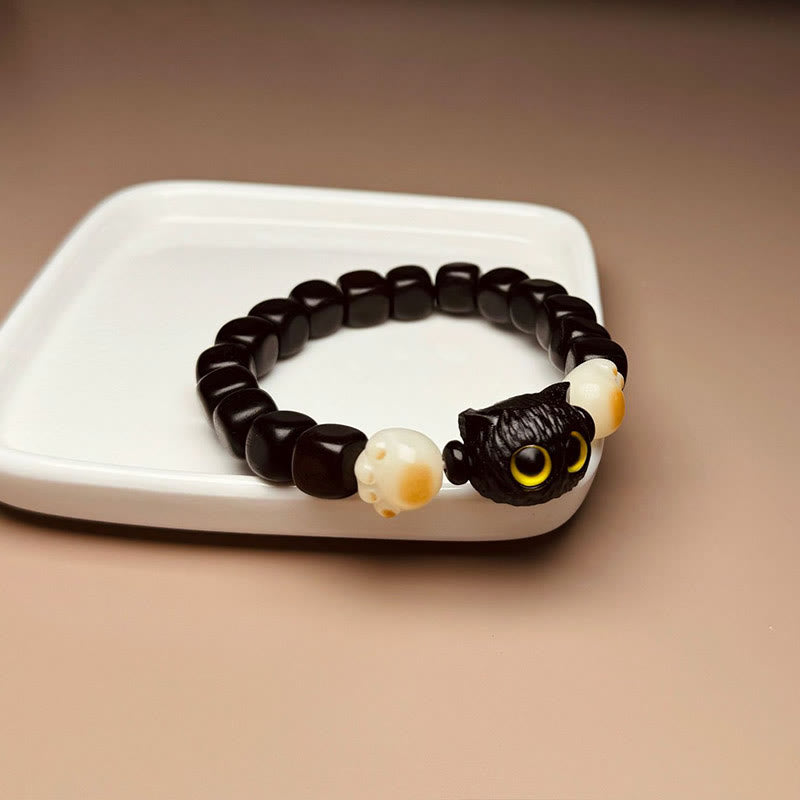 Wear FengShui Ebony Wood Cute Cat Bodhi Seed Paw Claw Peace Bracelet