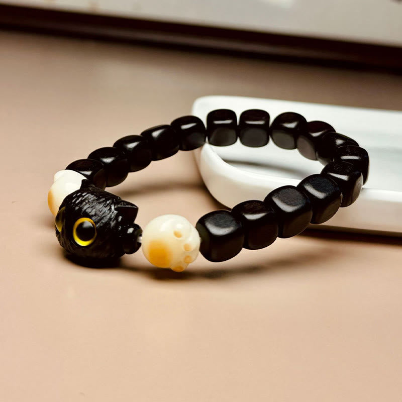 Wear FengShui Ebony Wood Cute Cat Bodhi Seed Paw Claw Peace Bracelet