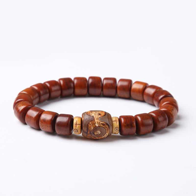 Wear FengShui Tibetan Bone Beads Three-Eyed Dzi Bead Sheep Horn Red Agate Strength Bracelet