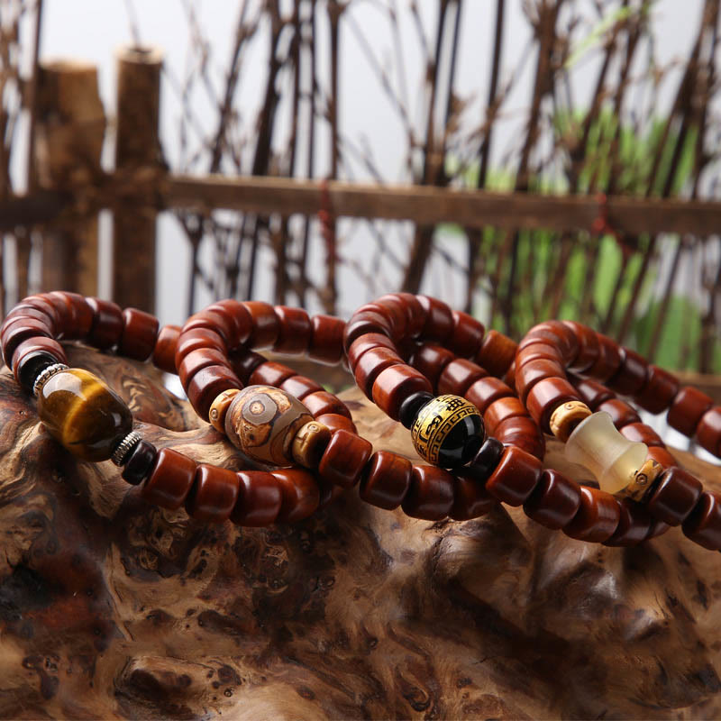 Wear FengShui Tibetan Bone Beads Three-Eyed Dzi Bead Sheep Horn Red Agate Strength Bracelet