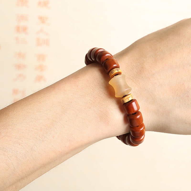 Wear FengShui Tibetan Bone Beads Three-Eyed Dzi Bead Sheep Horn Red Agate Strength Bracelet