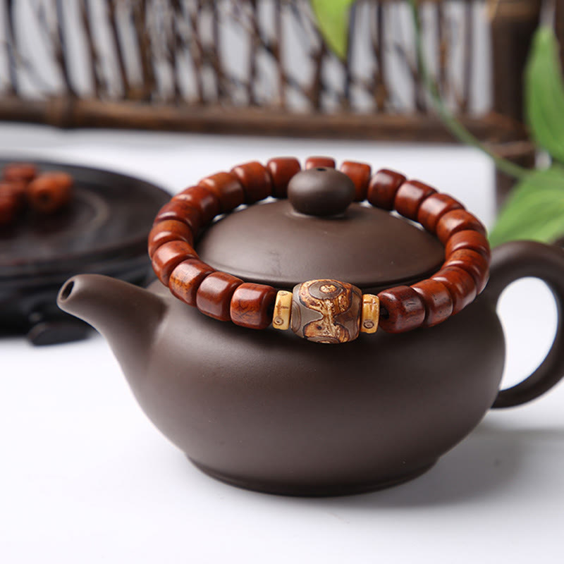 Wear FengShui Tibetan Bone Beads Three-Eyed Dzi Bead Sheep Horn Red Agate Strength Bracelet