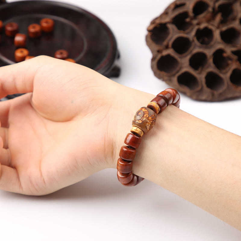 Wear FengShui Tibetan Bone Beads Three-Eyed Dzi Bead Sheep Horn Red Agate Strength Bracelet