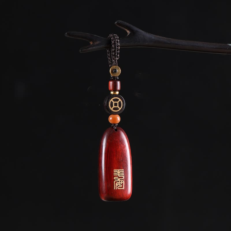 Wear FengShui Small Leaf Red Sandalwood Ebony Wood Peace Auspicious Copper Coin Protection Key Chain