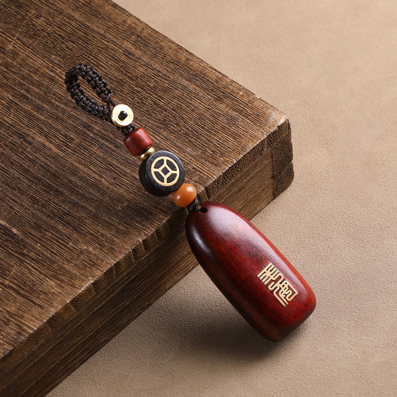 Wear FengShui Small Leaf Red Sandalwood Ebony Wood Peace Auspicious Copper Coin Protection Key Chain