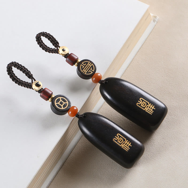 Wear FengShui Small Leaf Red Sandalwood Ebony Wood Peace Auspicious Copper Coin Protection Key Chain