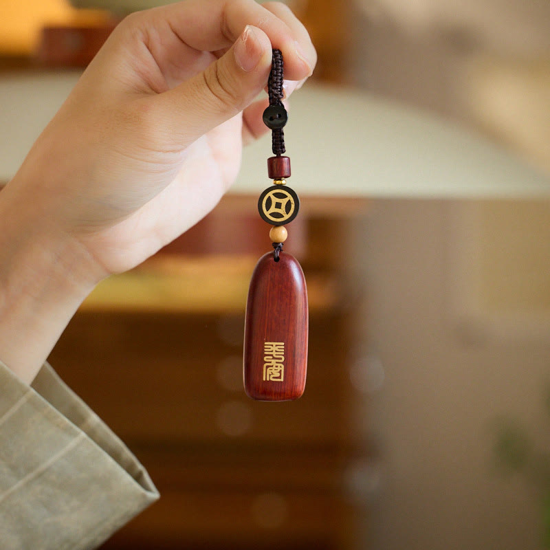 Wear FengShui Small Leaf Red Sandalwood Ebony Wood Peace Auspicious Copper Coin Protection Key Chain