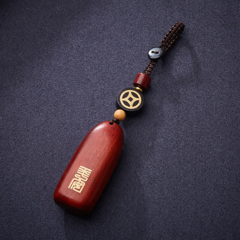 Wear FengShui Small Leaf Red Sandalwood Ebony Wood Peace Auspicious Copper Coin Protection Key Chain