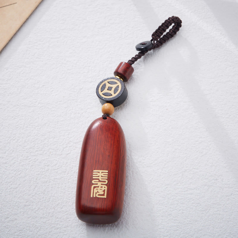 Wear FengShui Small Leaf Red Sandalwood Ebony Wood Peace Auspicious Copper Coin Protection Key Chain