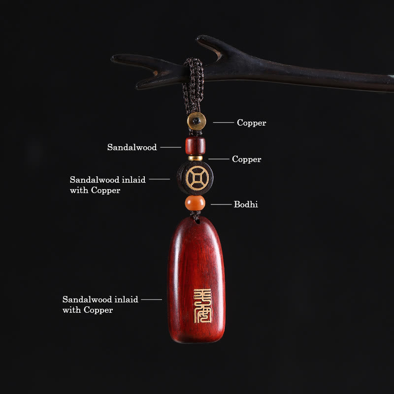 Wear FengShui Small Leaf Red Sandalwood Ebony Wood Peace Auspicious Copper Coin Protection Key Chain