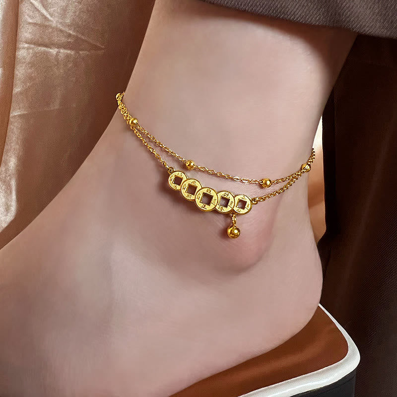 Wear FengShui Copper Coins Attract Wealth Titanium Steel Anklet