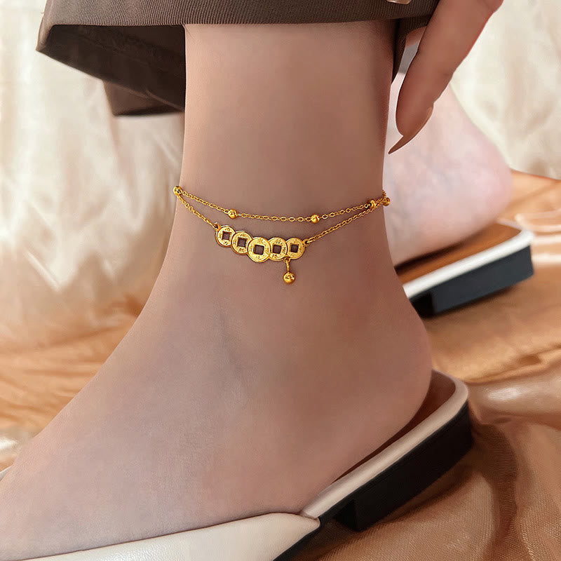 Wear FengShui Copper Coins Attract Wealth Titanium Steel Anklet