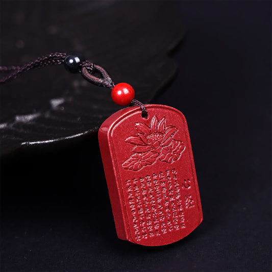 Wear FengShui Cinnabar Lotus Heart Sutra Engraved Blessing Rope Necklace Pendant