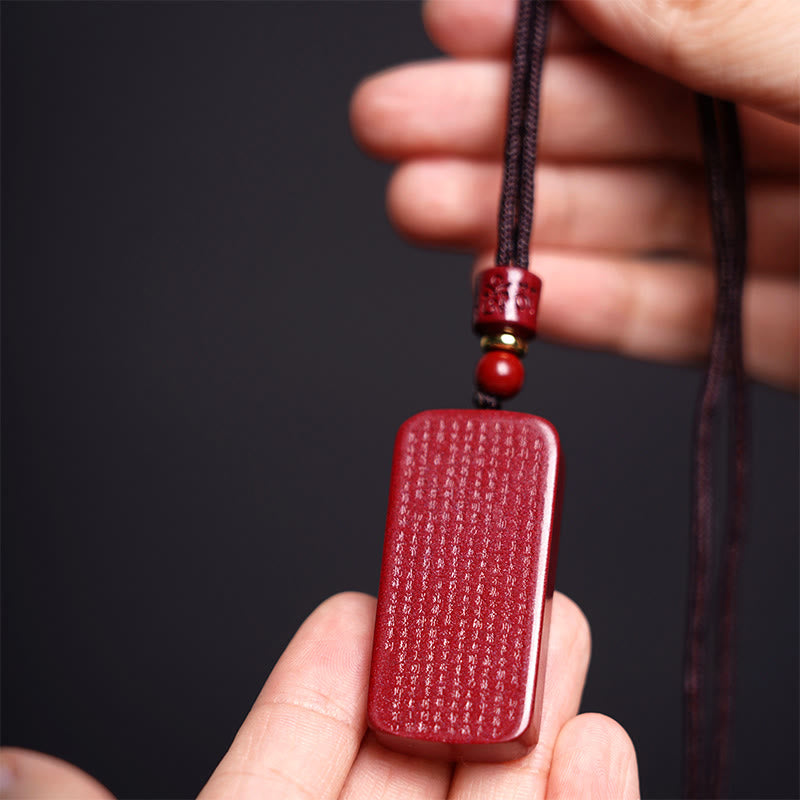 Wear FengShui Cinnabar Lotus Heart Sutra Engraved Blessing Rope Necklace Pendant