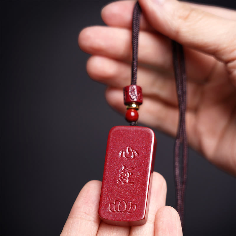 Wear FengShui Cinnabar Lotus Heart Sutra Engraved Blessing Rope Necklace Pendant